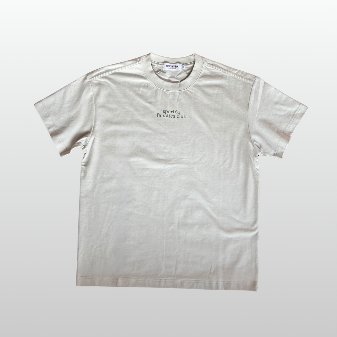 White t-shirt with text on a light gray background