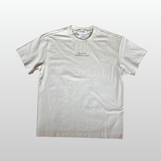 White t-shirt with text on a light gray background